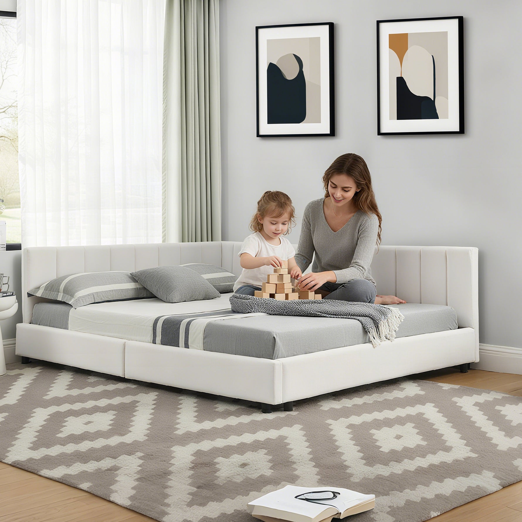 Double Bed 140x200cm High Backrest, Velvet Beige
