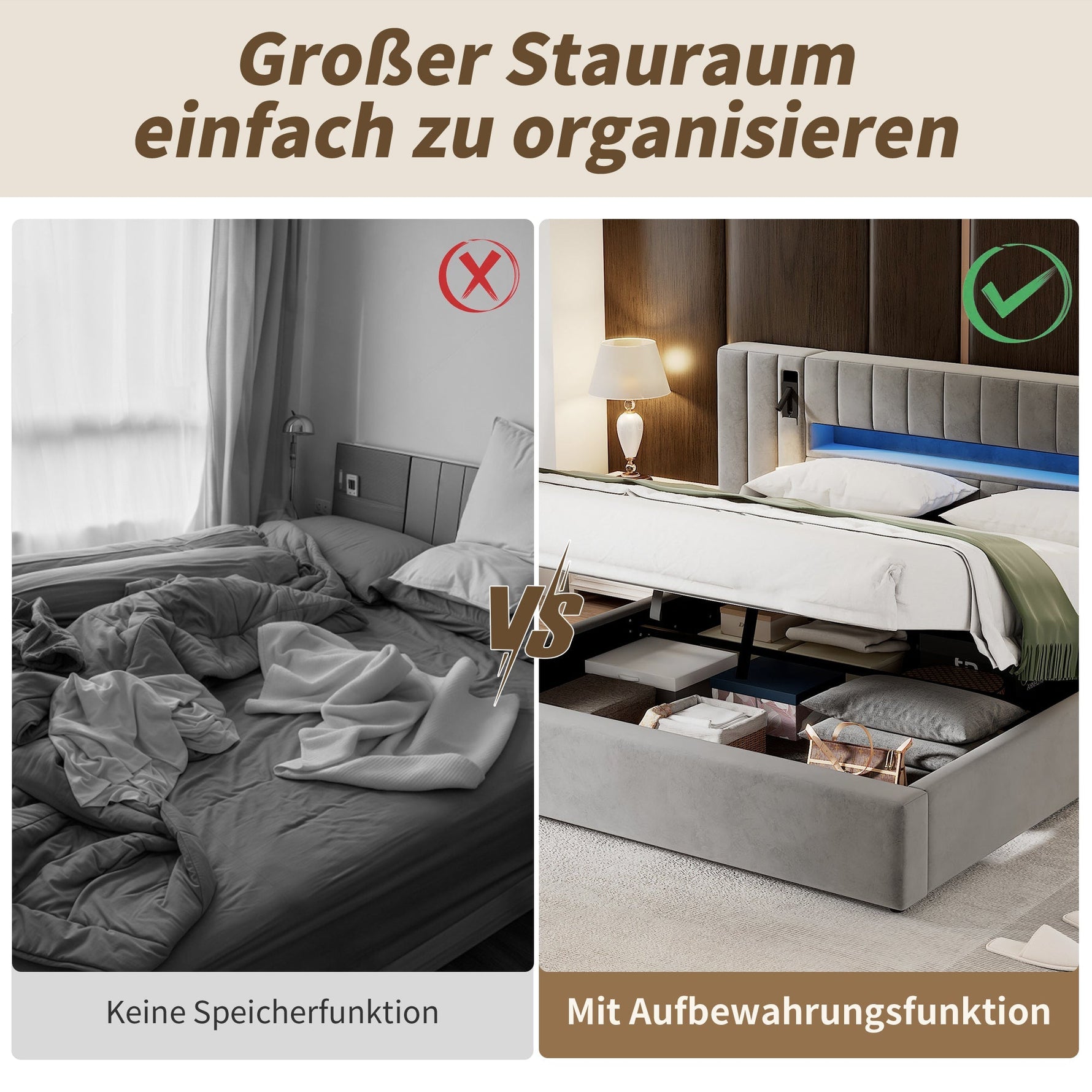 Upholstered Double Bed 180x200cm USB LED Storage - Velvet Grey