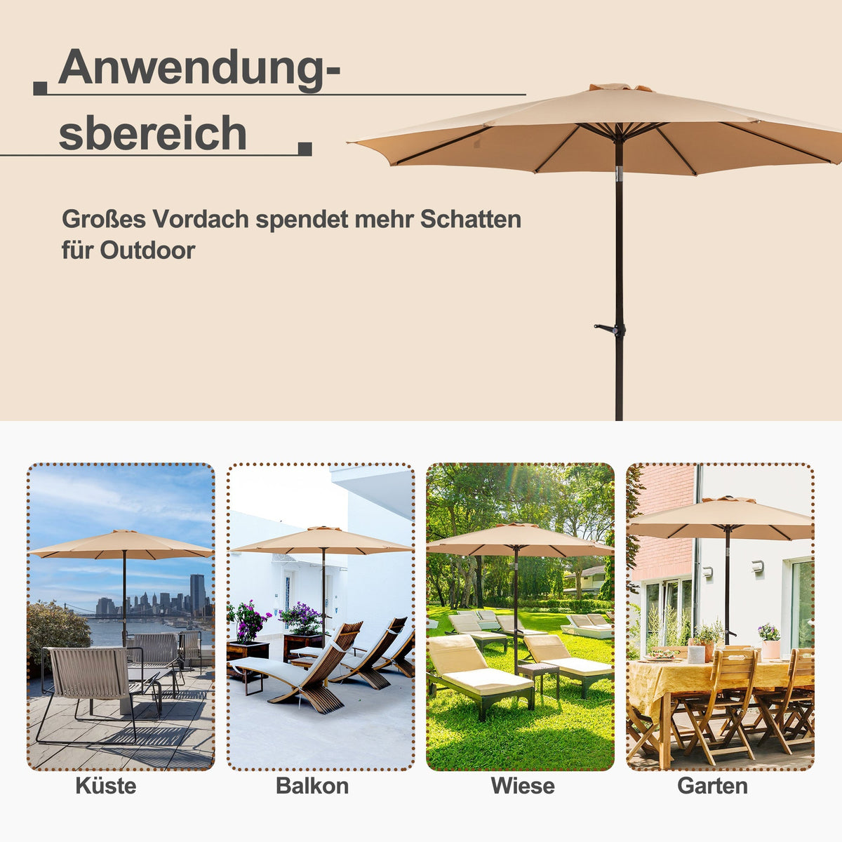 Garden Parasol 300x245cm Double Crank 8-Ribs Waterproof Fabric Khaki