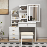 Dressing Table Set with 3-Color LED Mirror, Stool & 4 Drawers, White
