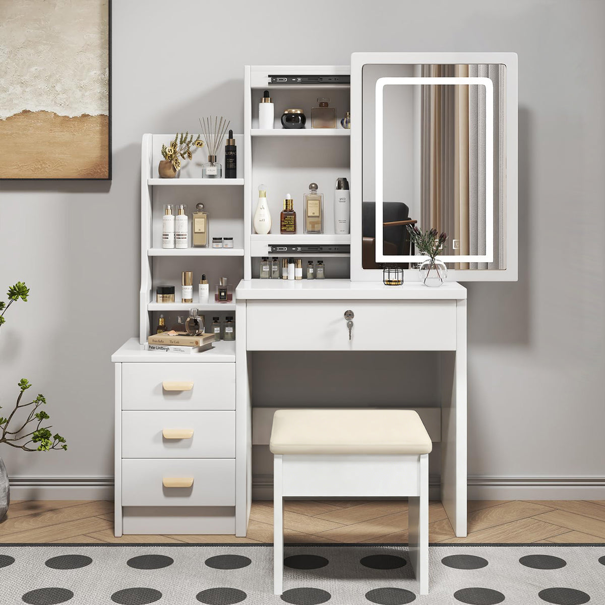 Dressing Table Set with 3-Color LED Mirror, Stool & 4 Drawers, White