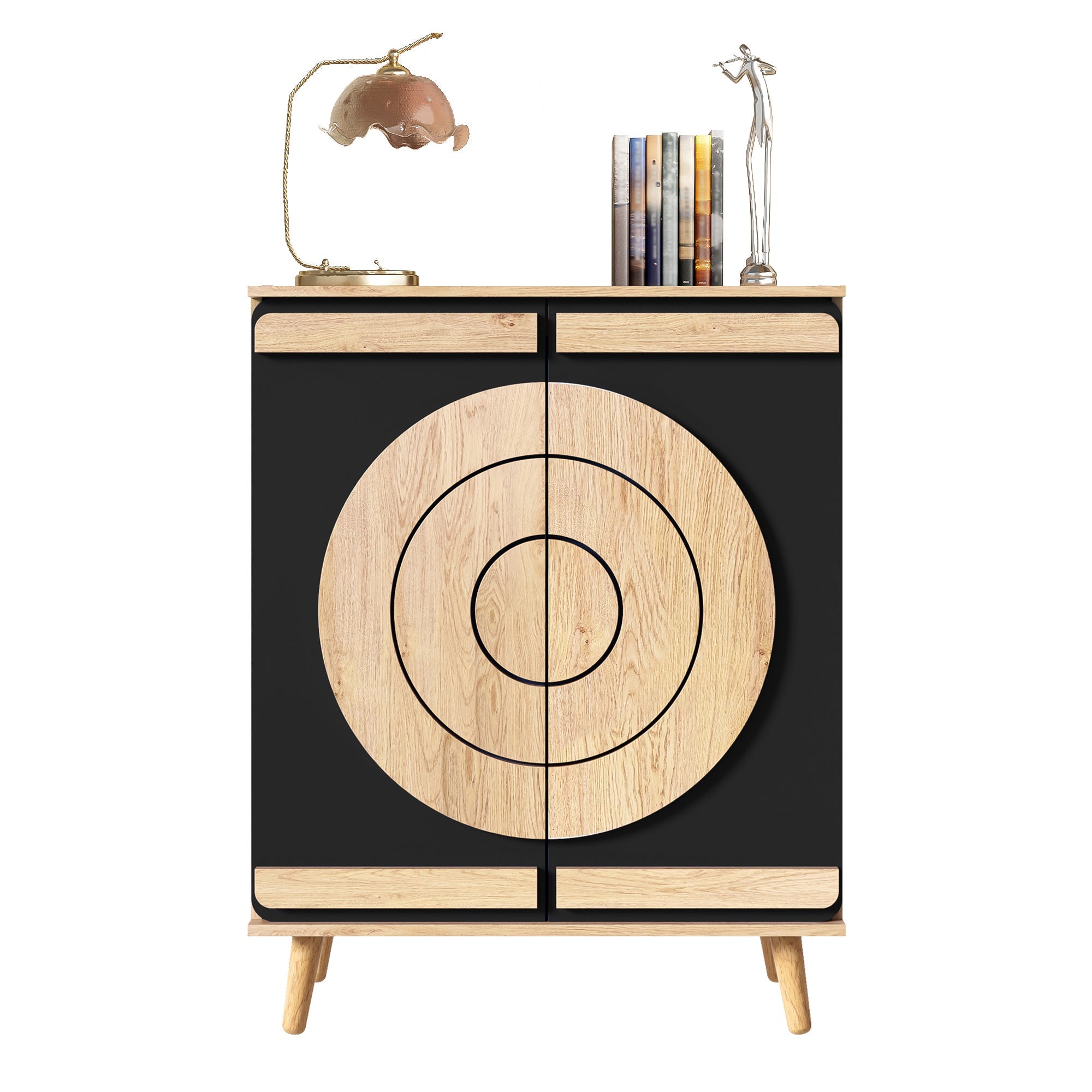 Modern Shoe Cabinet with Geometric Doors and Multi-Level Storage, Black and Natural Wood