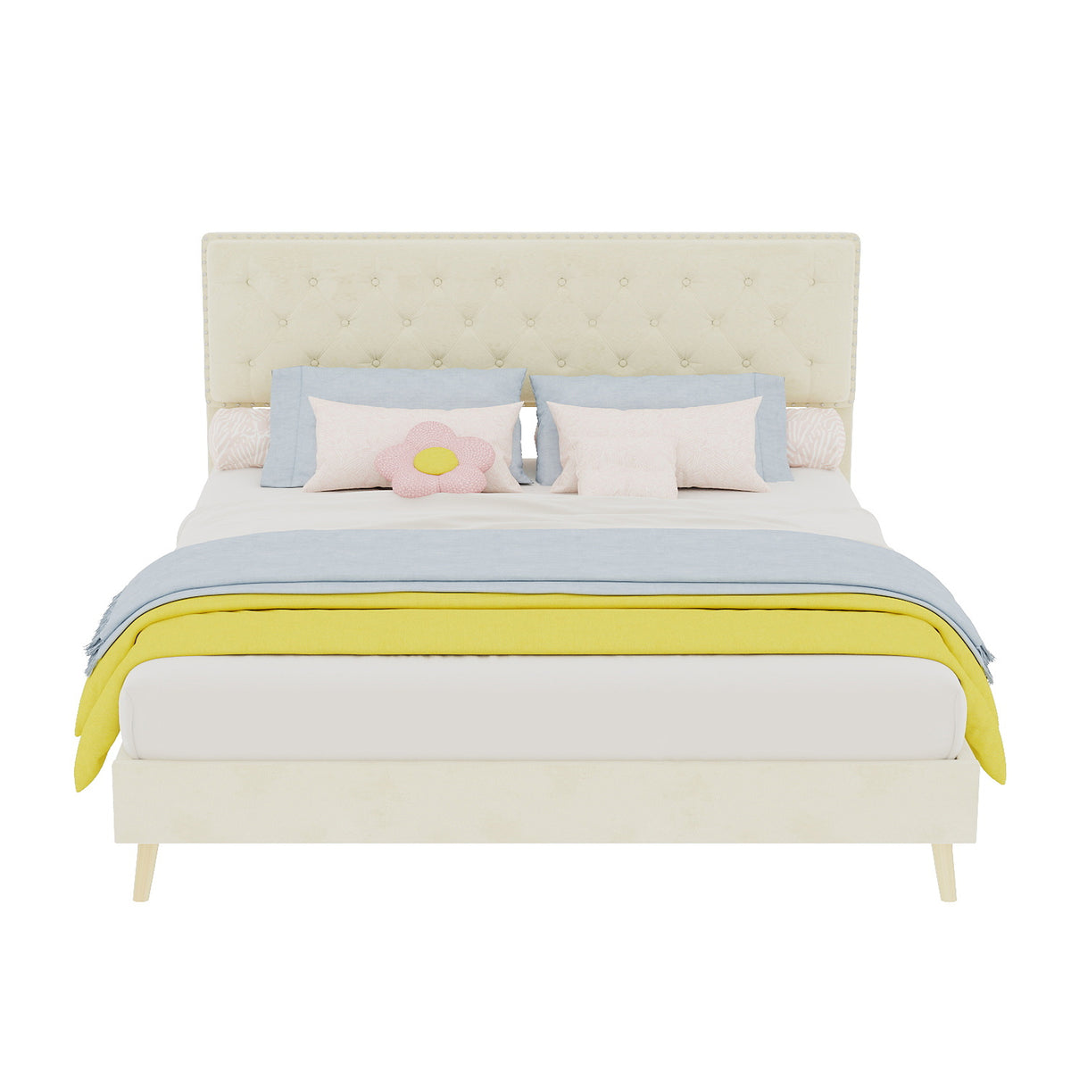 Modern Soft Bed with Soft Headboard & Mattress 160x200cm, Beige