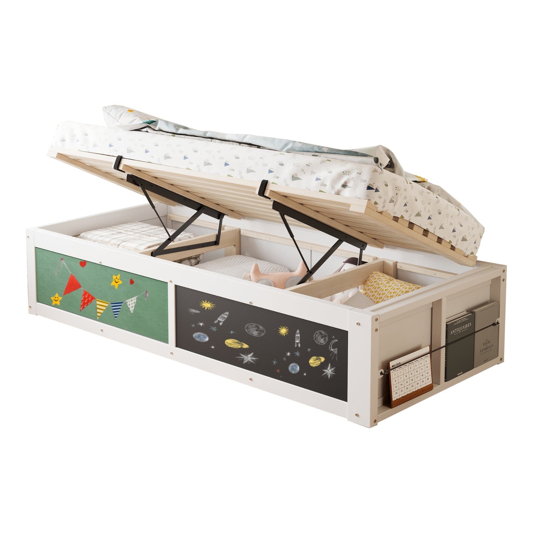 Wooden Bed 90x200cm Hydraulic Writing Surface Storage - White