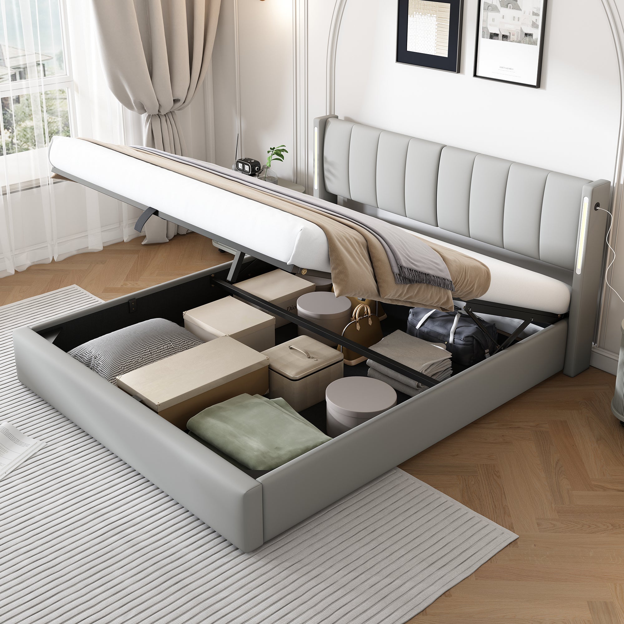 Upholstered Bed 160x200cm Hydraulic Storage LED USB Adjustable Headboard - Grey PU