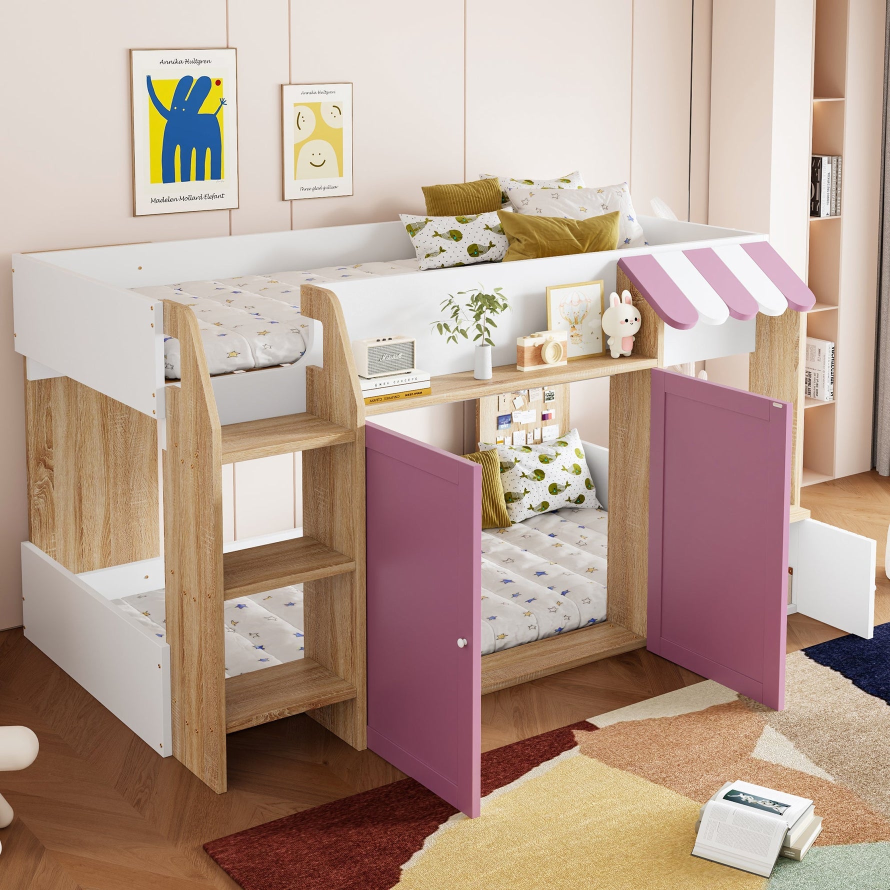 Children's House Bed Mid-Height 90x200 Storage Climbing Ladder - White/Pink Wood
