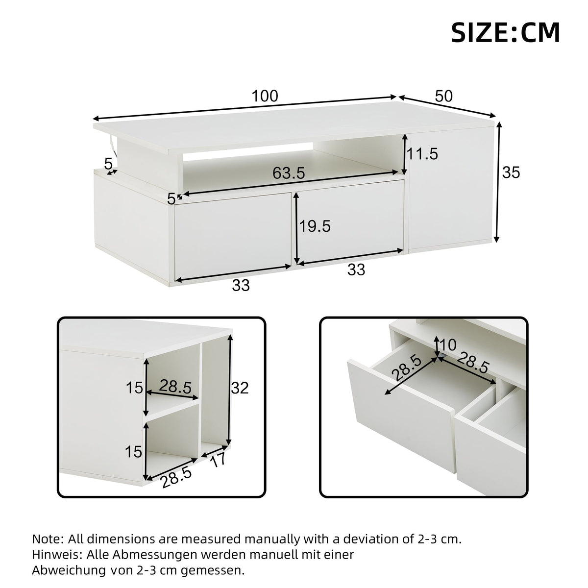 Coffee Table 100x50x35cm LED Lighting 2 Drawers, White
