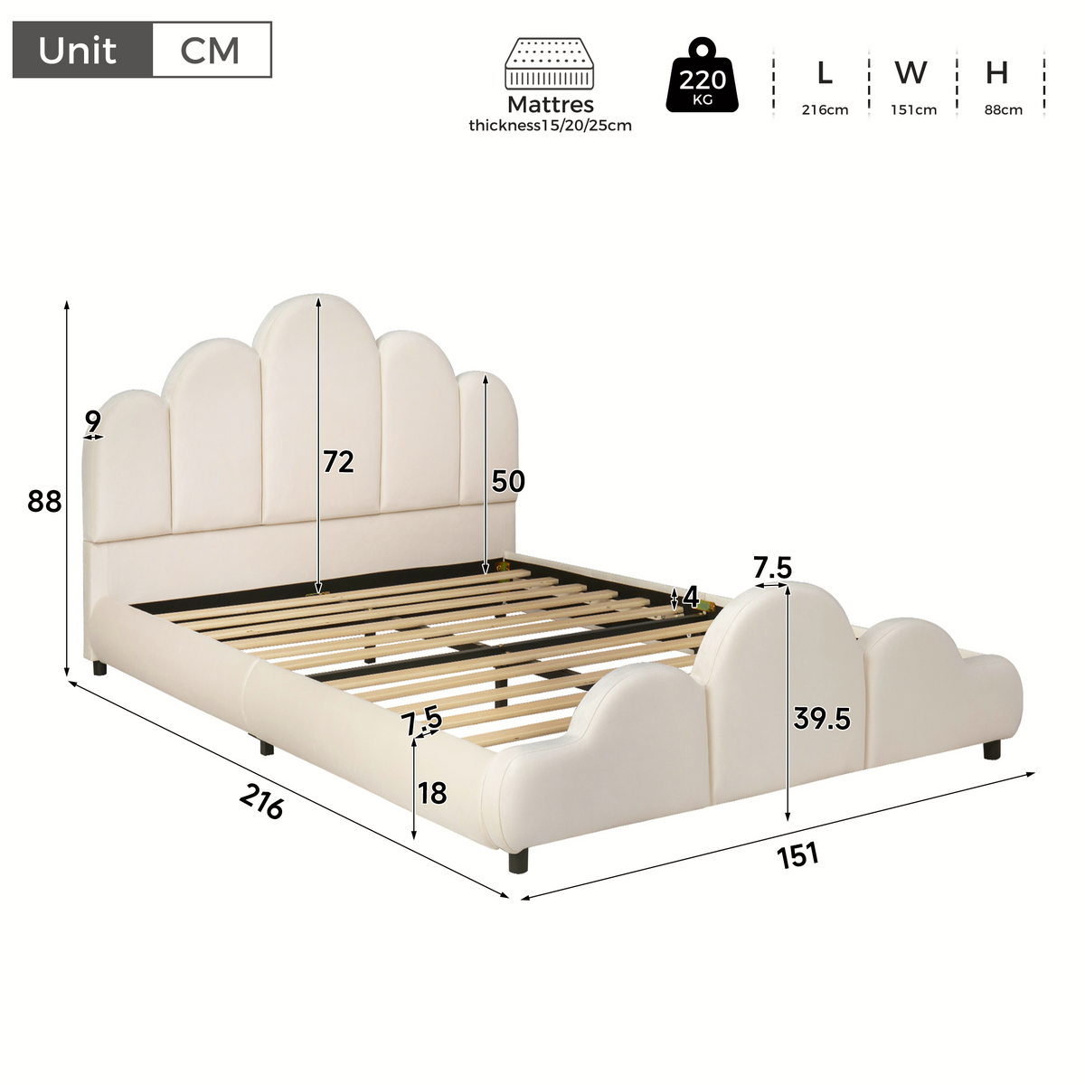 Upholstered Kids Bed 140x200cm with Headboard in Beige Velvet