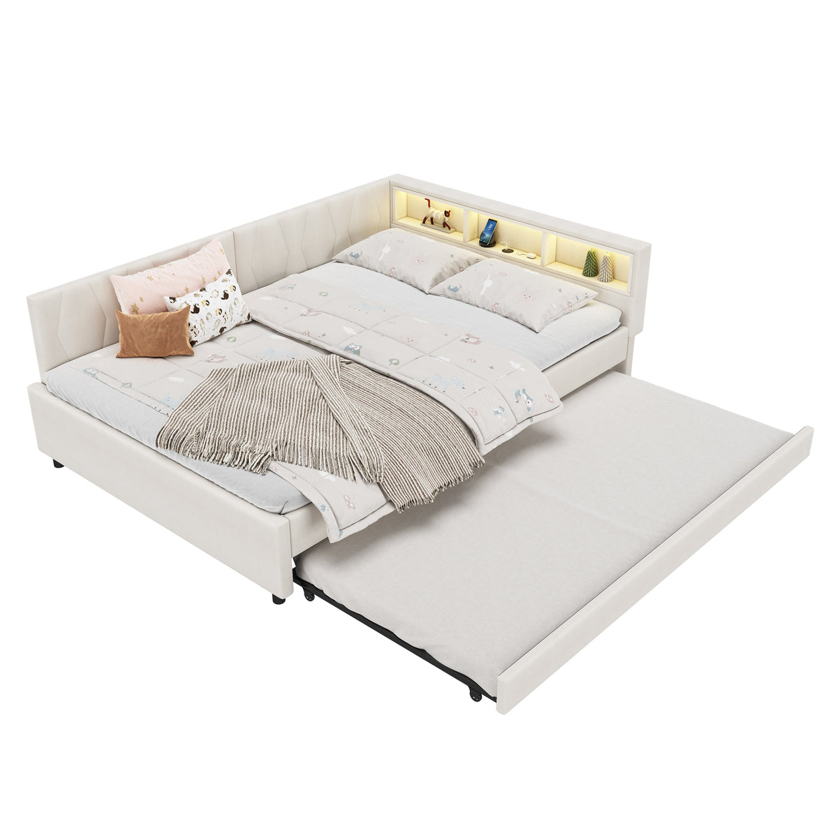 Daybed Sofa Bed 140x200cm Pull-out Bed Storage LED USB/Type-C - Linen Beige