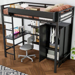 Iron Bunk Bed with Table, Wardrobe, Storage, 5-Step Ladder, 90x200cm - Black Iron/Chipboard