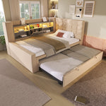 Upholstered Bed 90x200cm Pull-Out Bed LED Storage Headboard - Linen Beige