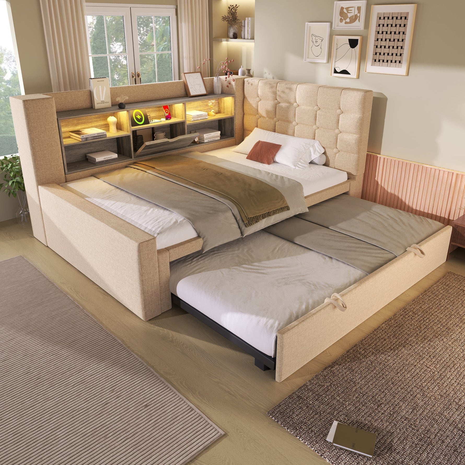 Upholstered Bed 90x200cm Pull-Out Bed LED Storage Headboard - Linen Beige