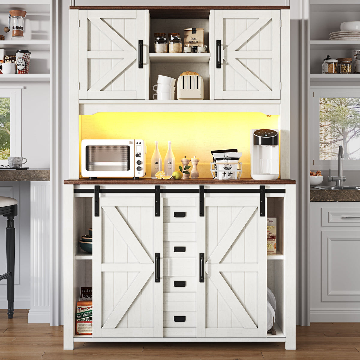 Tall Kitchen Sideboards with Sliding Doors and LED Lighting, Black and White