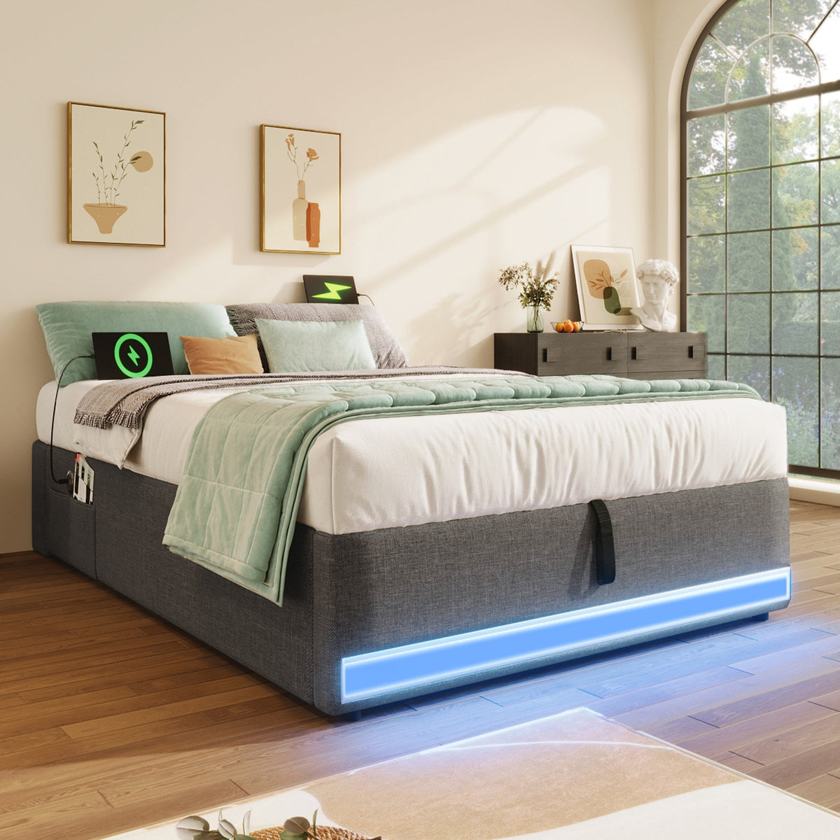Upholstered Bed 90x200cm Hydraulic Storage with LED & USB/Type-C Ports Grey