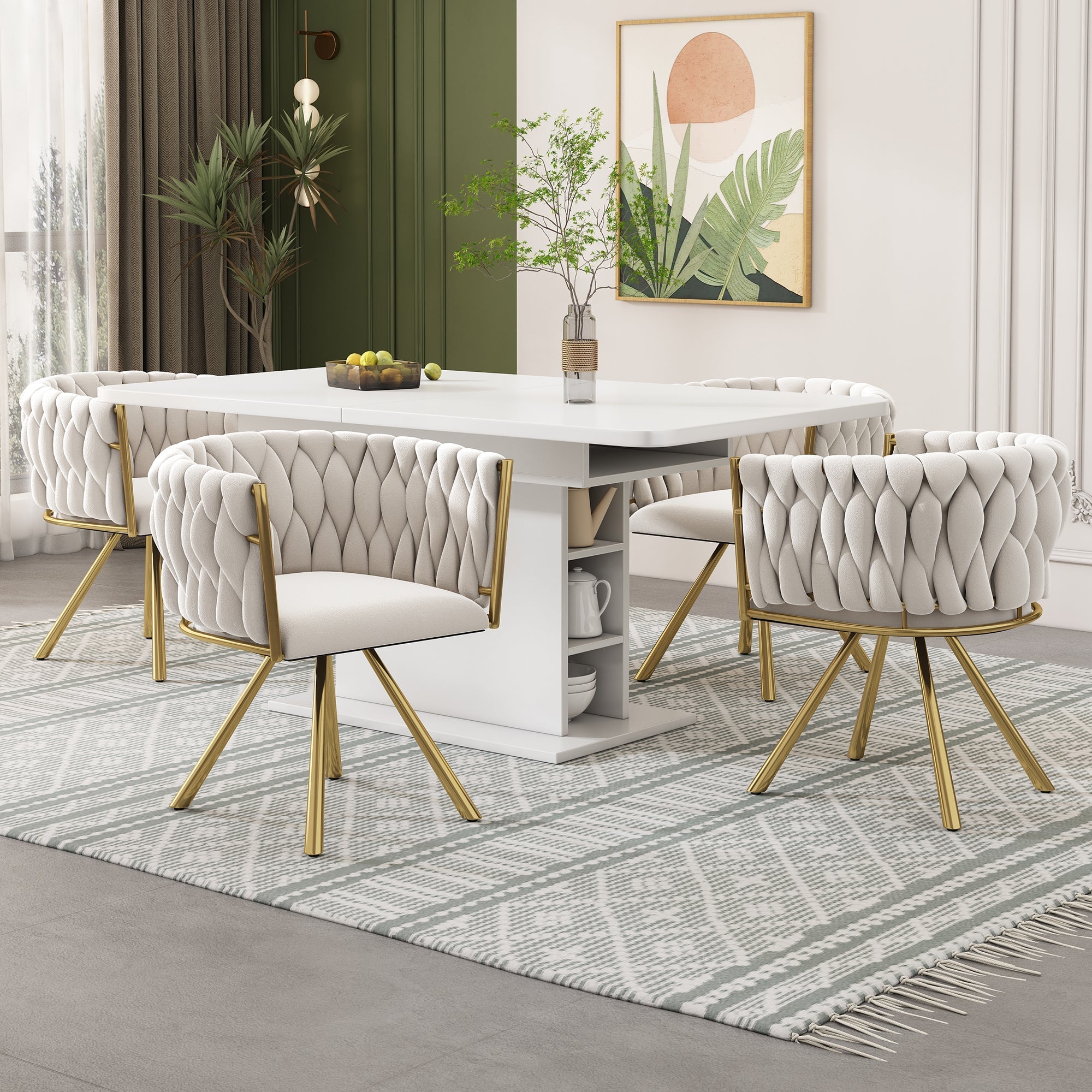 Velvet Dining Chair Set of 4 Swivel Metal Legs - Beige and Gold