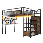 Metal Loft Bed with Storage Ladder, Wardrobe, Table, Shelf and LED, 140x200cm, Black Metal