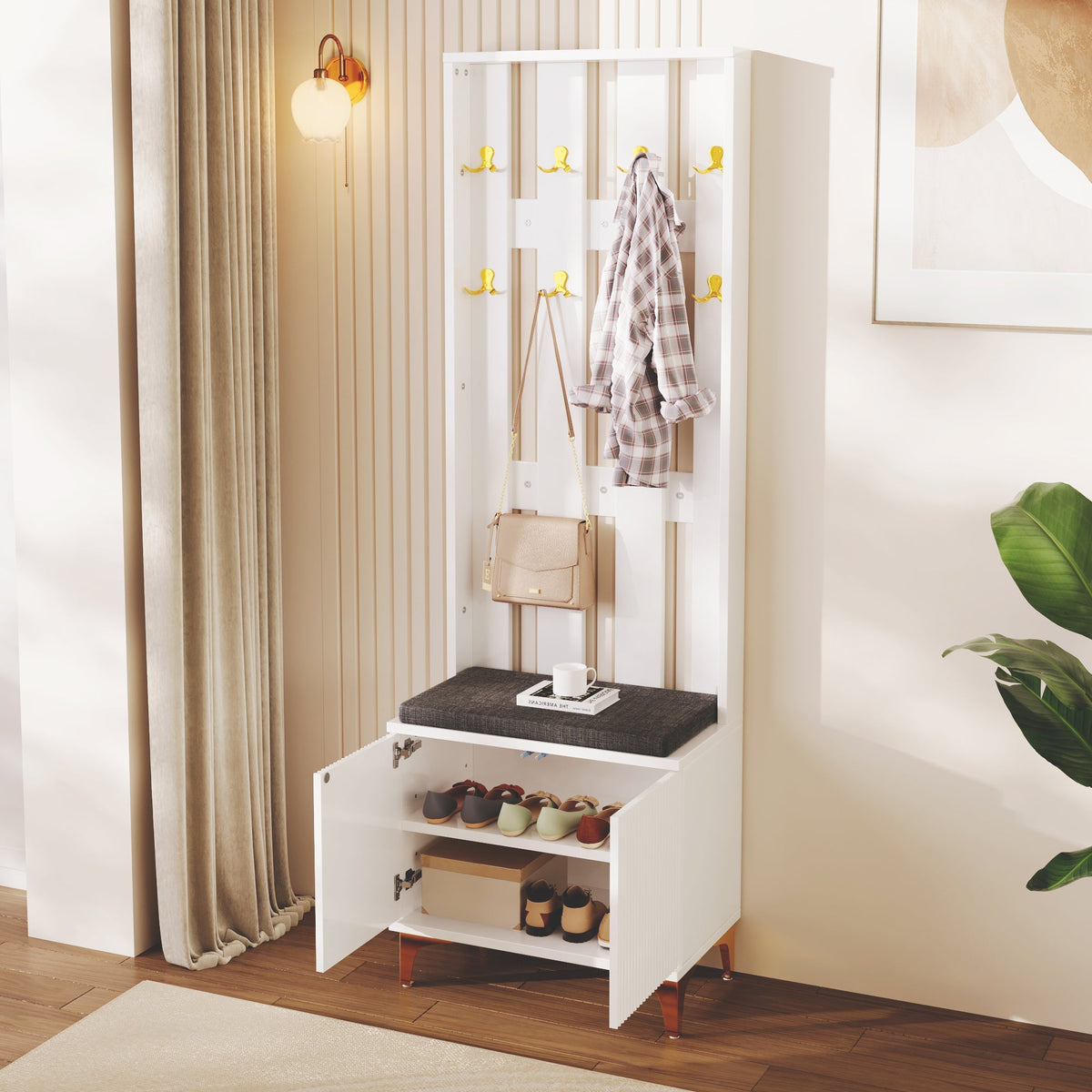 Wardrobe Set with Shoe Bench and Cushion, Front with Hooks