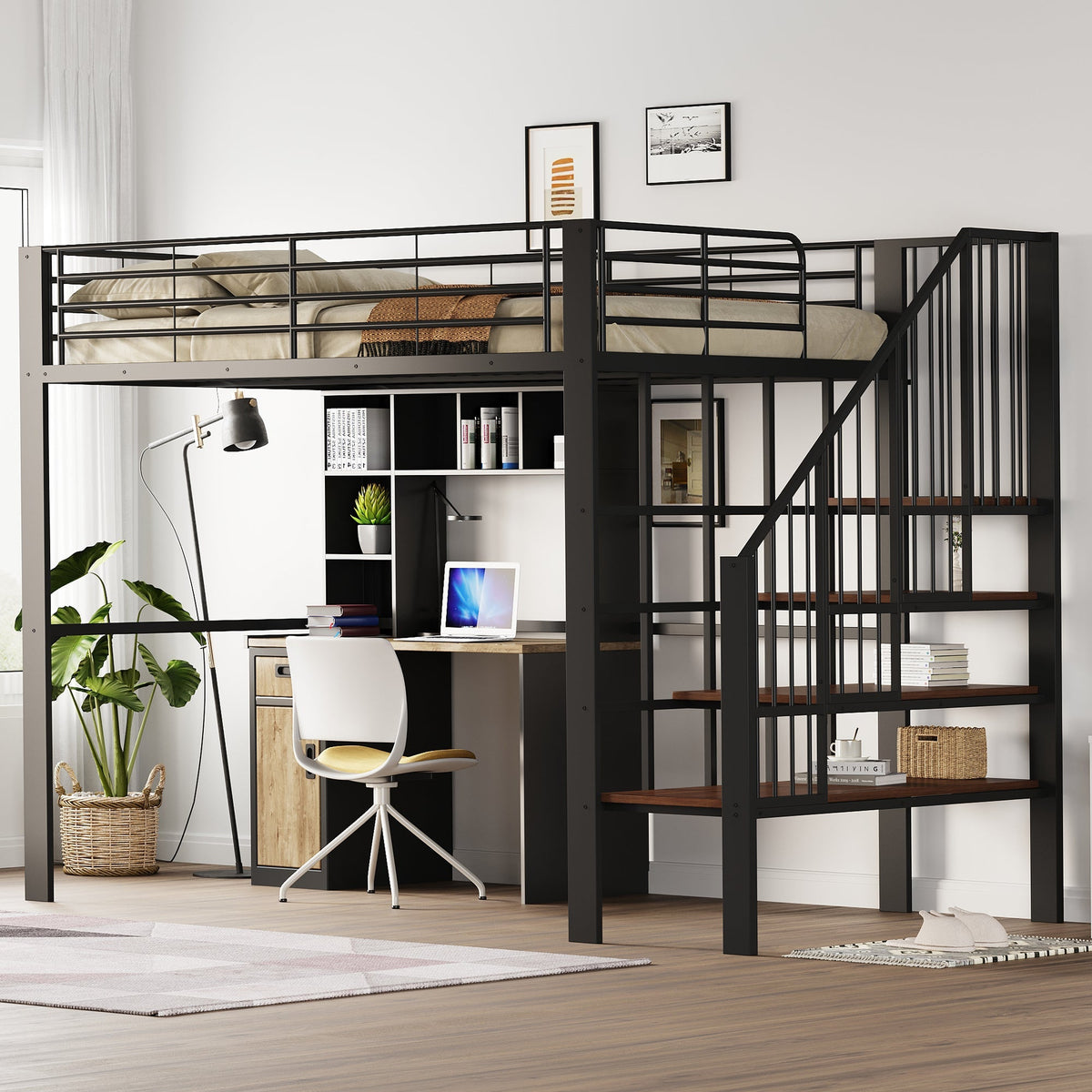 Loft Bed 140x200 Sturdy Storage Stairs, Metal