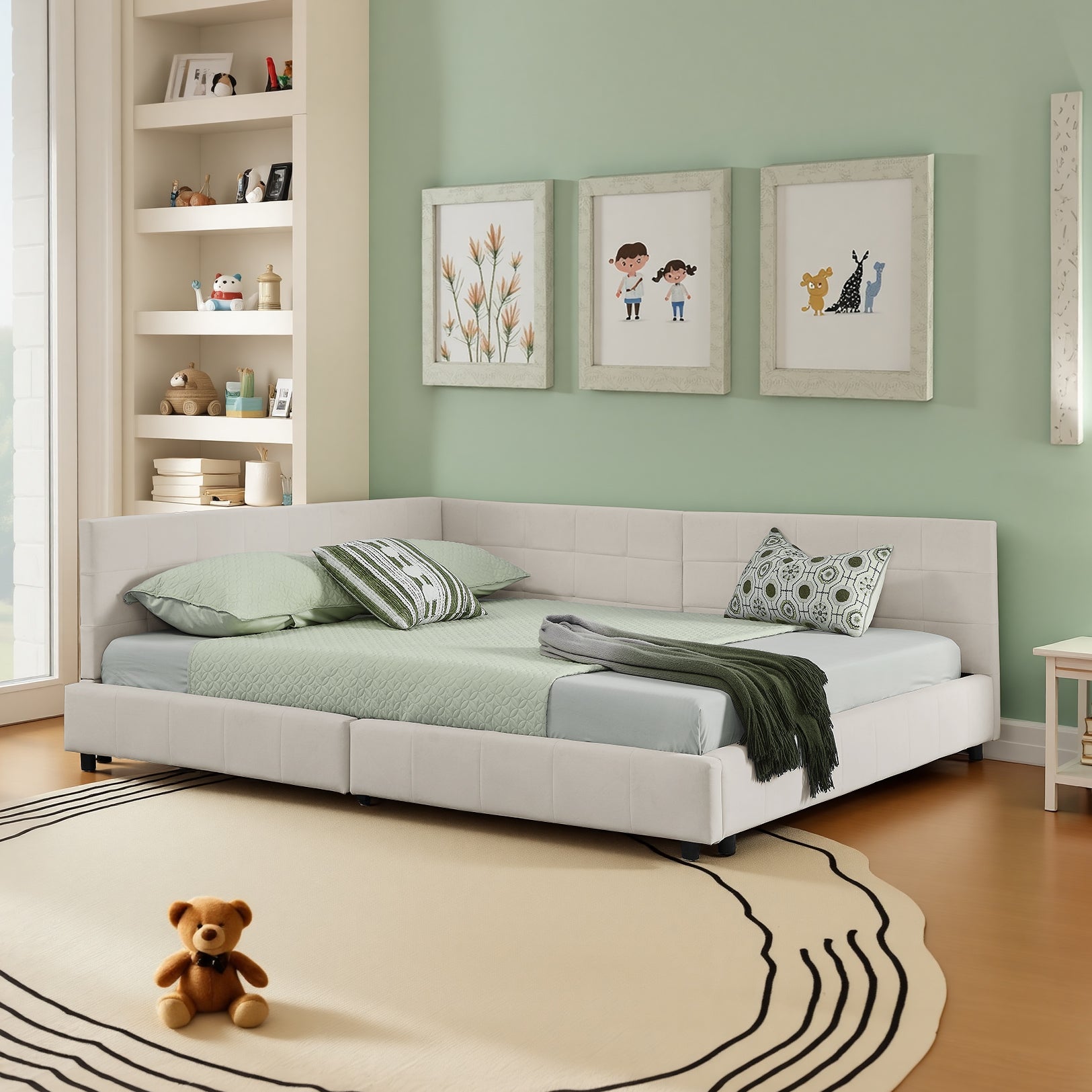 Double Bed 160x200cm Upholstered L-Shape Corner Frame - Velvet Beige