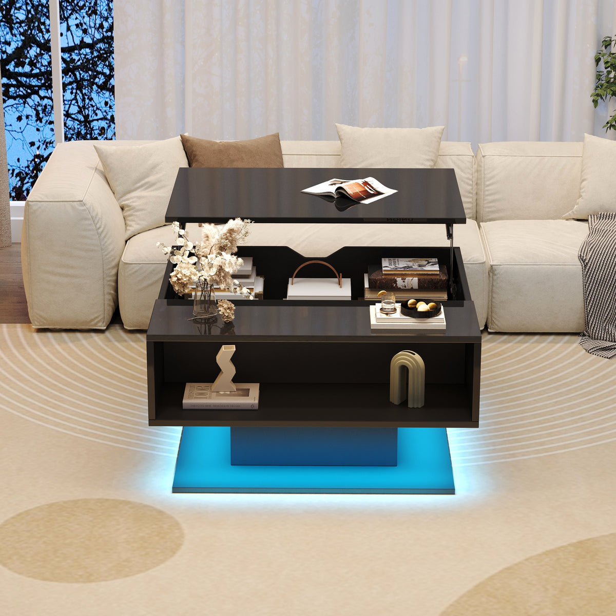 Coffee Table with Hydraulic Lift, High-Gloss, Storage, Black
