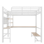 Loft Bed with Desk, USB Sockets, LED Strip and Pegboard, White Metal Frame