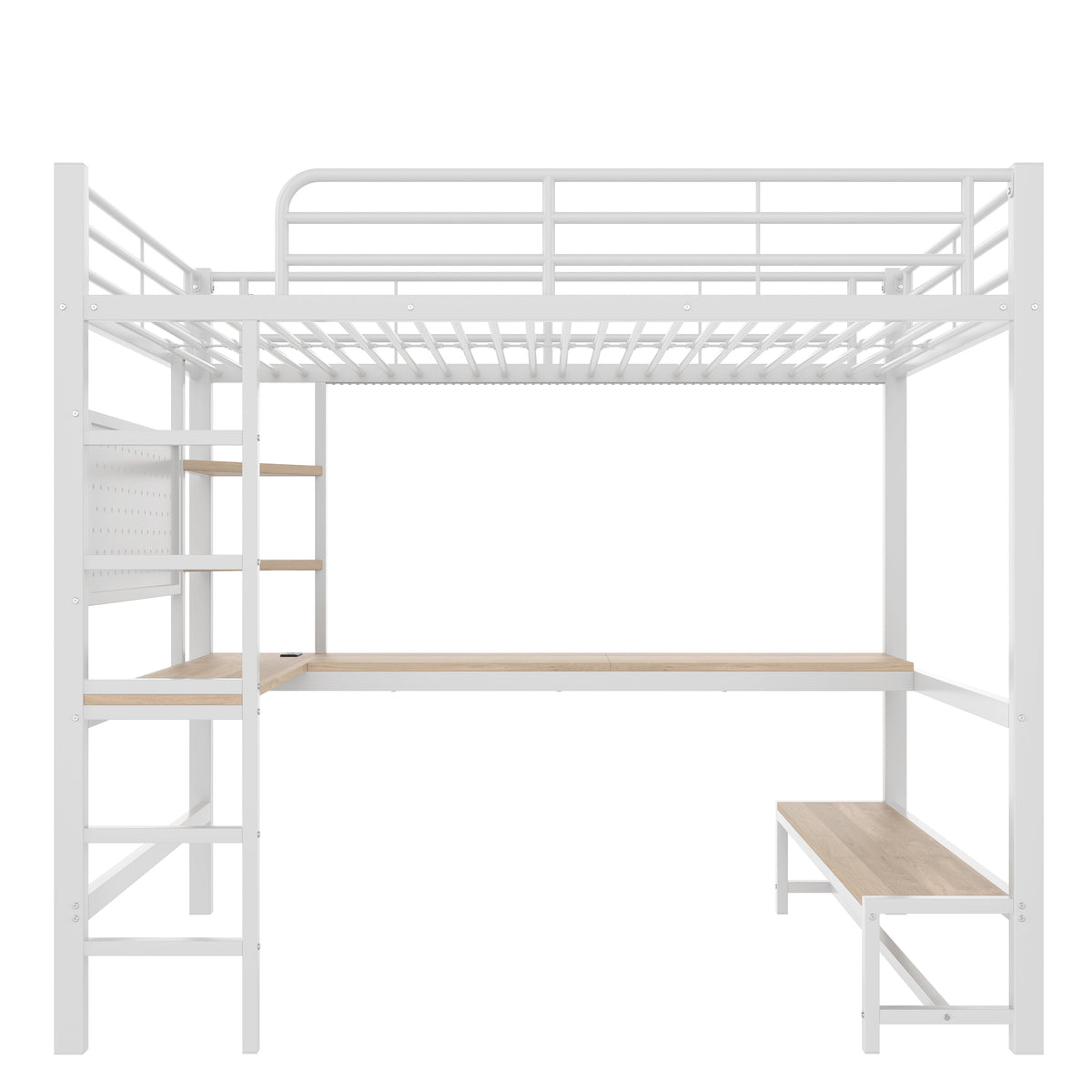 Loft Bed with Desk, USB Sockets, LED Strip and Pegboard, White Metal Frame