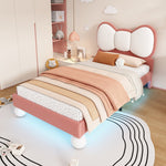 Upholstered Bed, Single Children's with Bow-Tie Headboard & LED Light, Velvet Beige + Pink