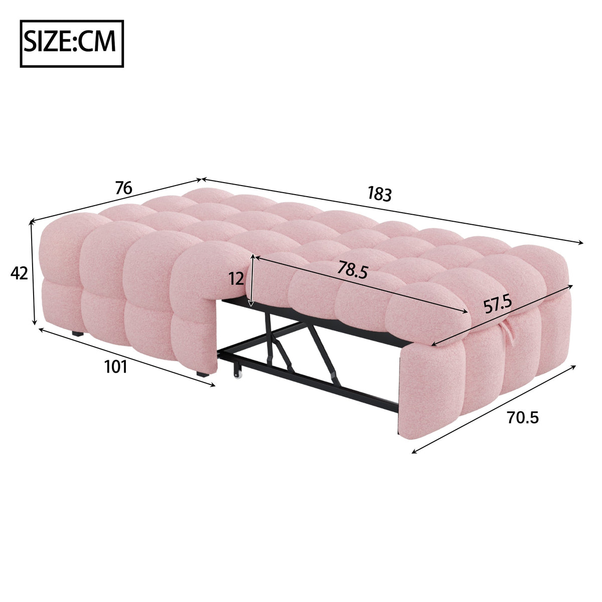 Upholstered Bed, 2-in-1 Footstool Pull-Out Sofa Single Puffy, Teddy Fabric Pink