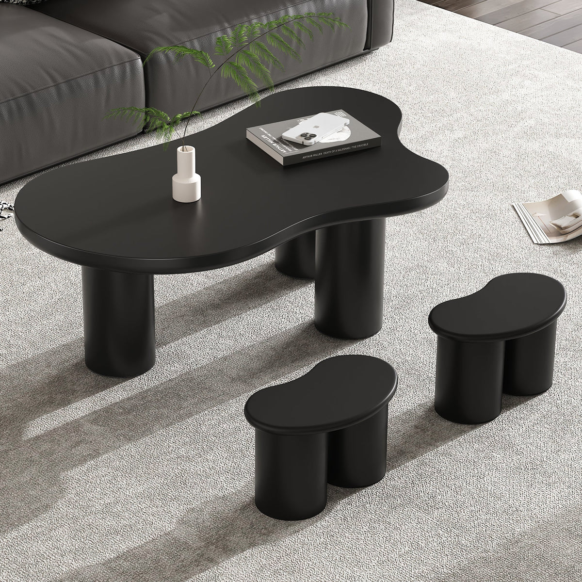 Irregular Bench Coffee Table, 2 Small Stools 16x42x24.5cm, Black