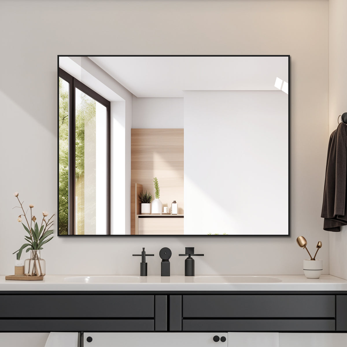 Bathroom Mirror 70x90 cm, HD Wall Mounted, Black Aluminum