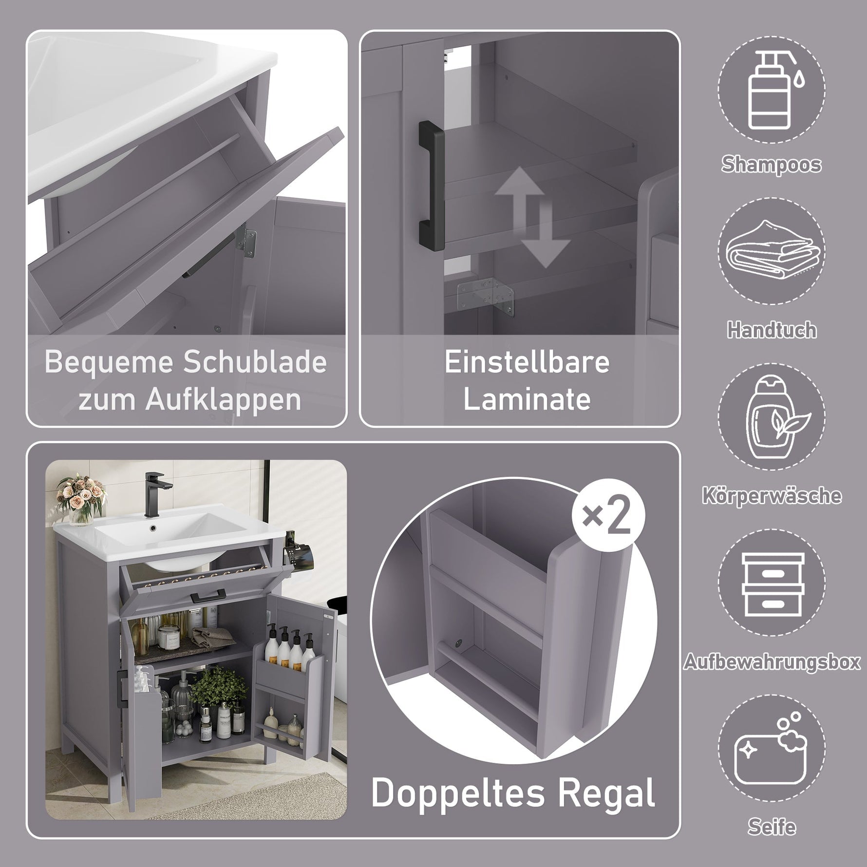 Bathroom Vanity Unit with Integrated Ceramic Sink and Storage Shelves, Grey