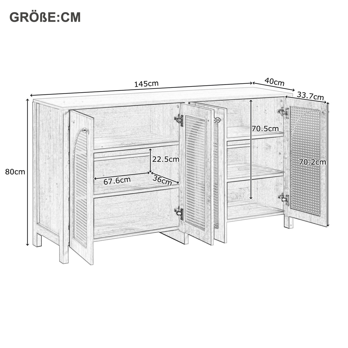 Sideboard, 4 Rattan Doors with Metal Handles, White