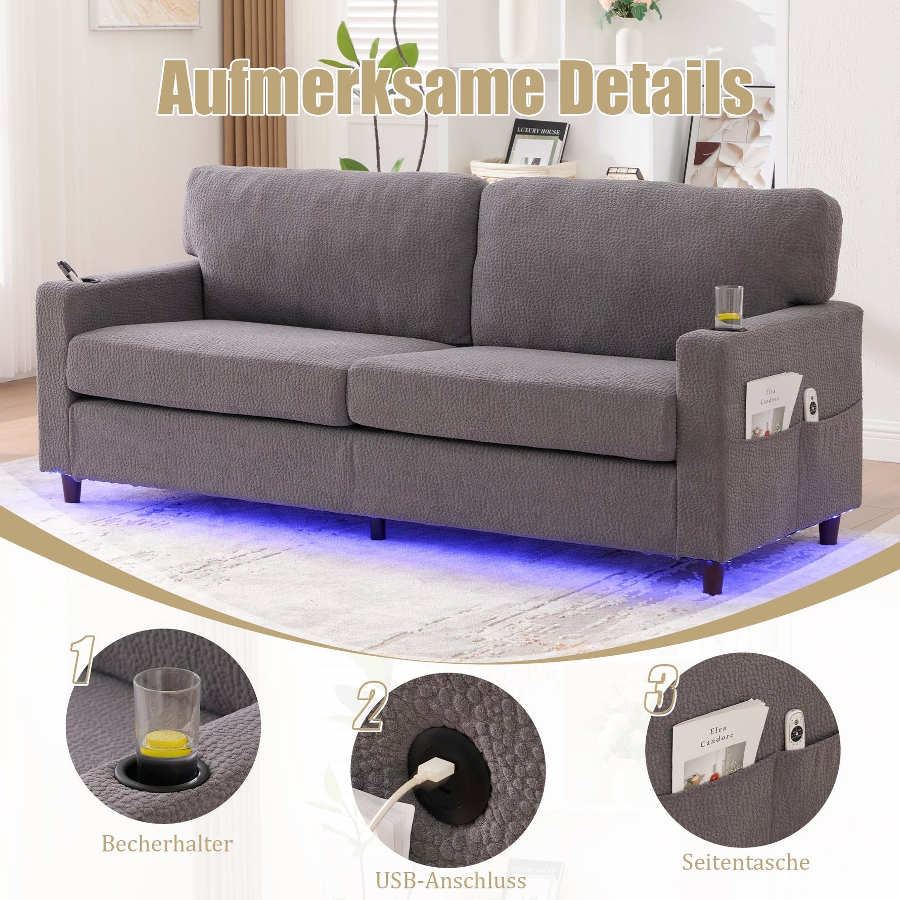 2-Seater Sofa USB-C LED Cup Holders & Pockets - Light Gray Chenille