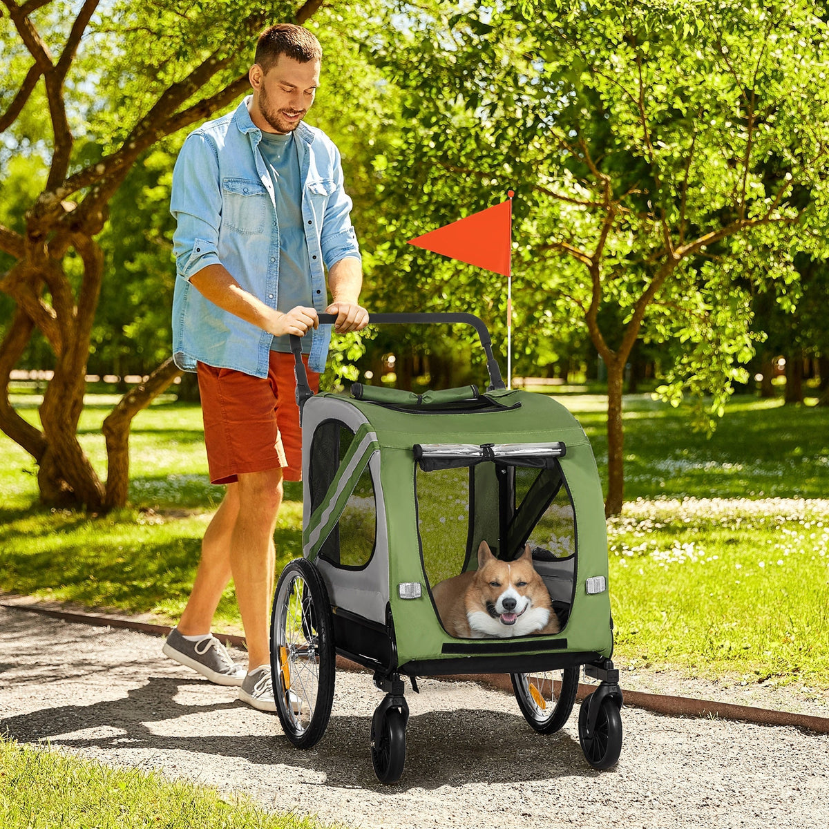 Dog Trailer & Stroller, 2-in-1, Reflectors, Oxford Fabric Green
