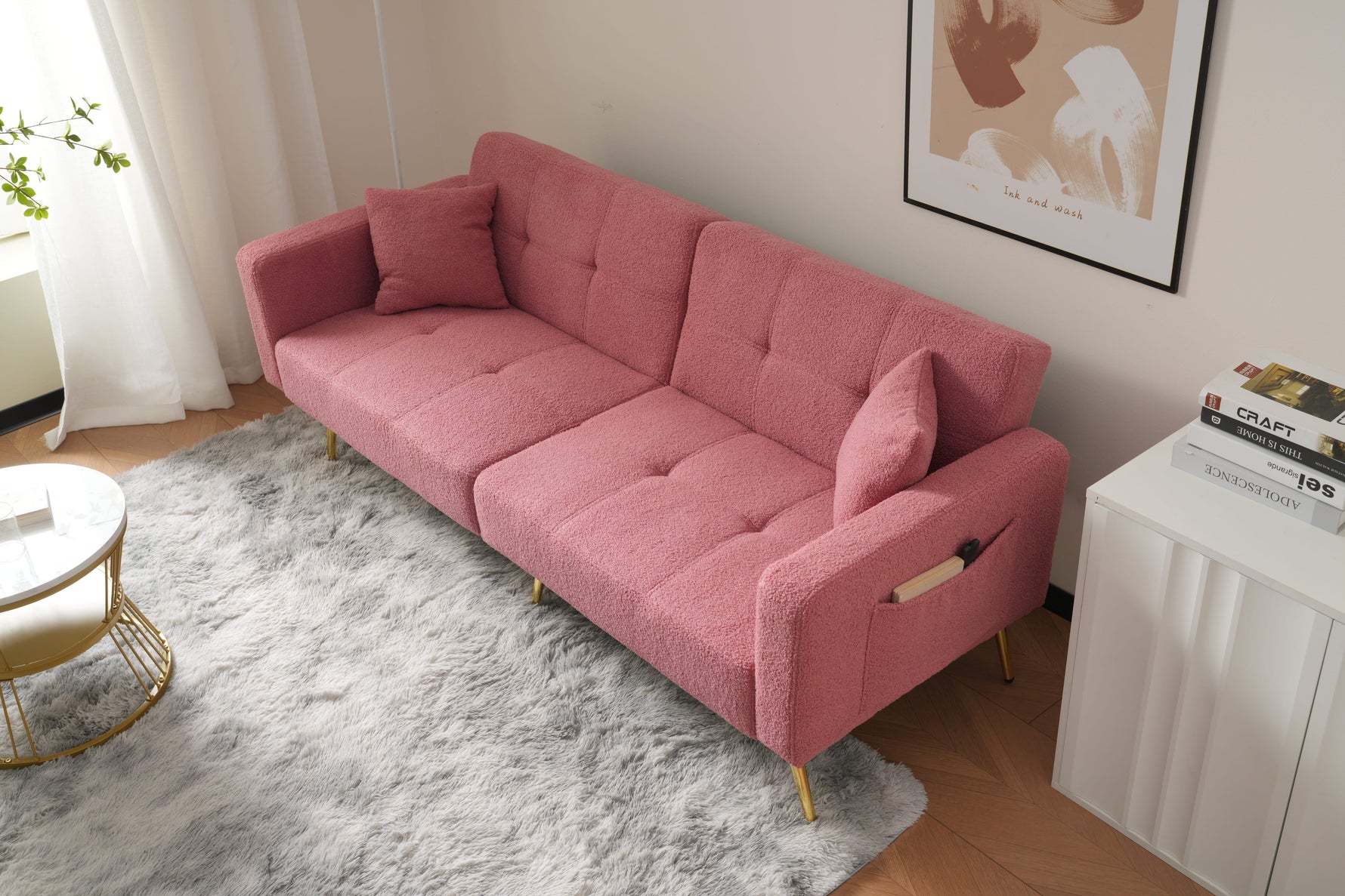 Sofa Bed Adjustable Angle Cushions Storage Pockets Gold Metal Legs