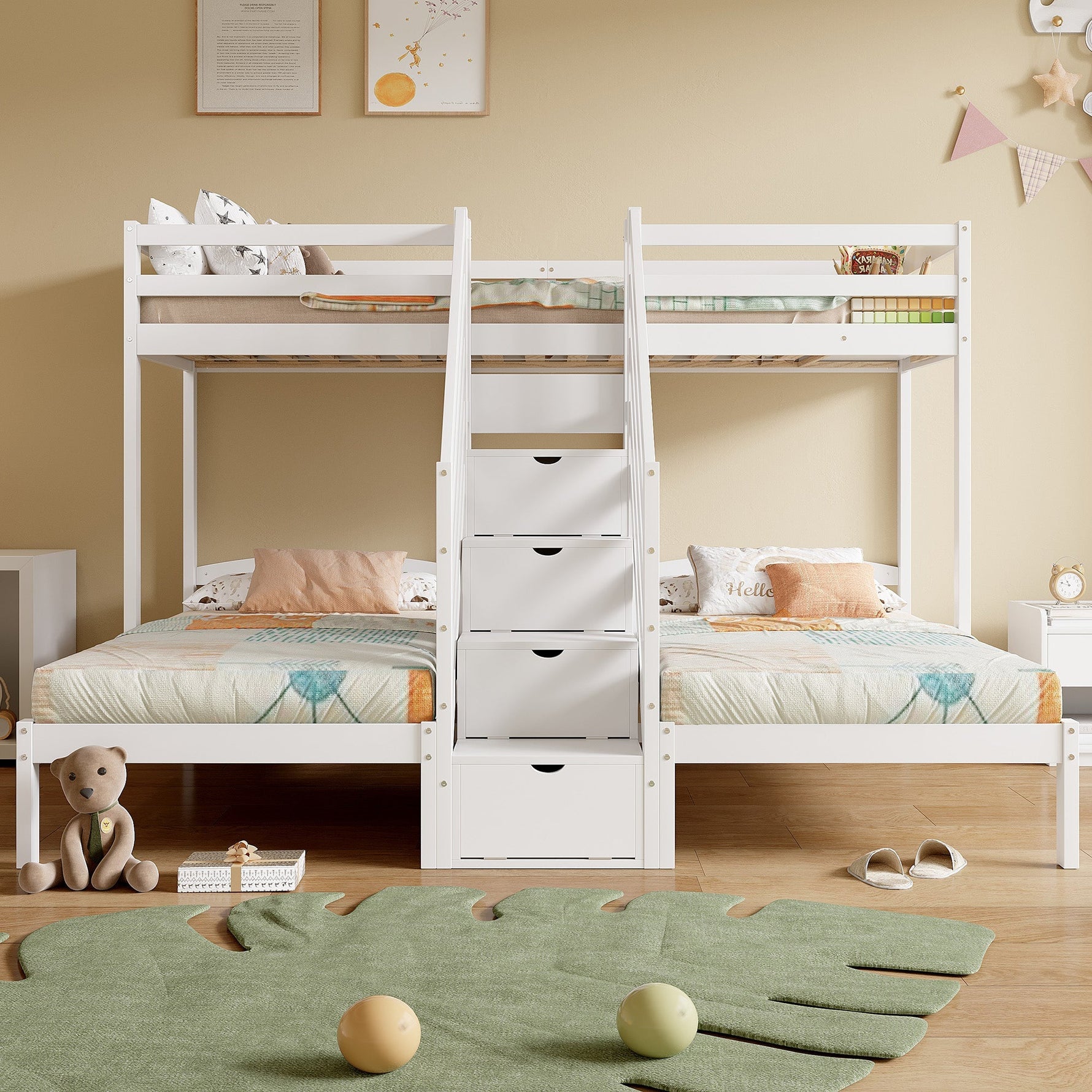 Bunk Bed with 3 Beds and Storage Ladder, White Pine Wood