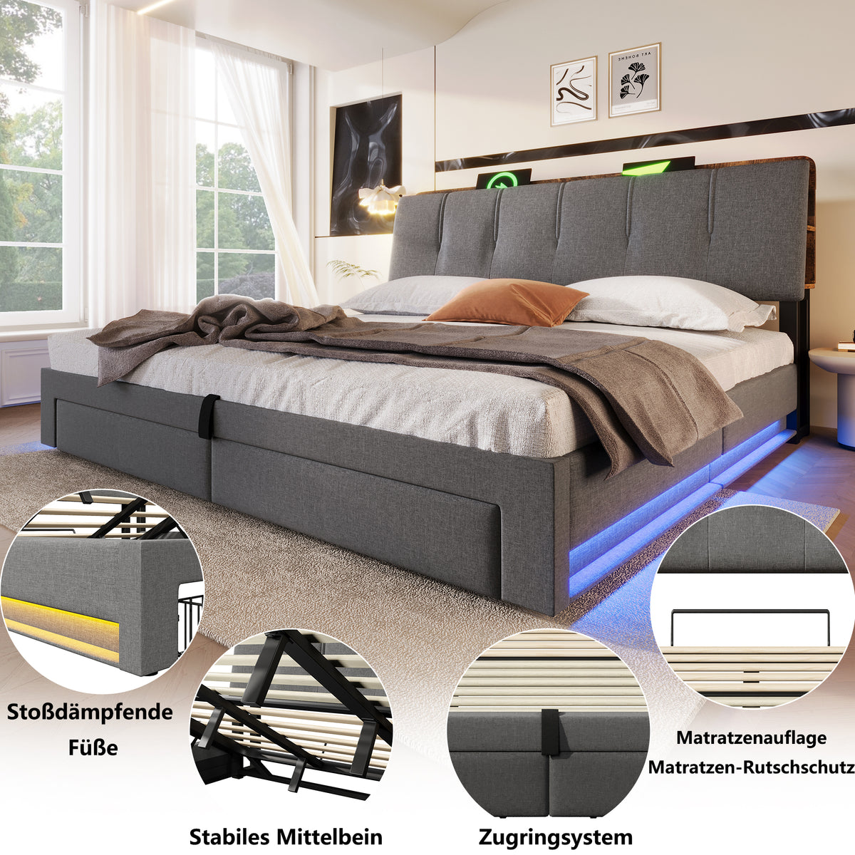 Upholstered Bed 180x200cm with Hydraulic Storage & LED, Grey Linen
