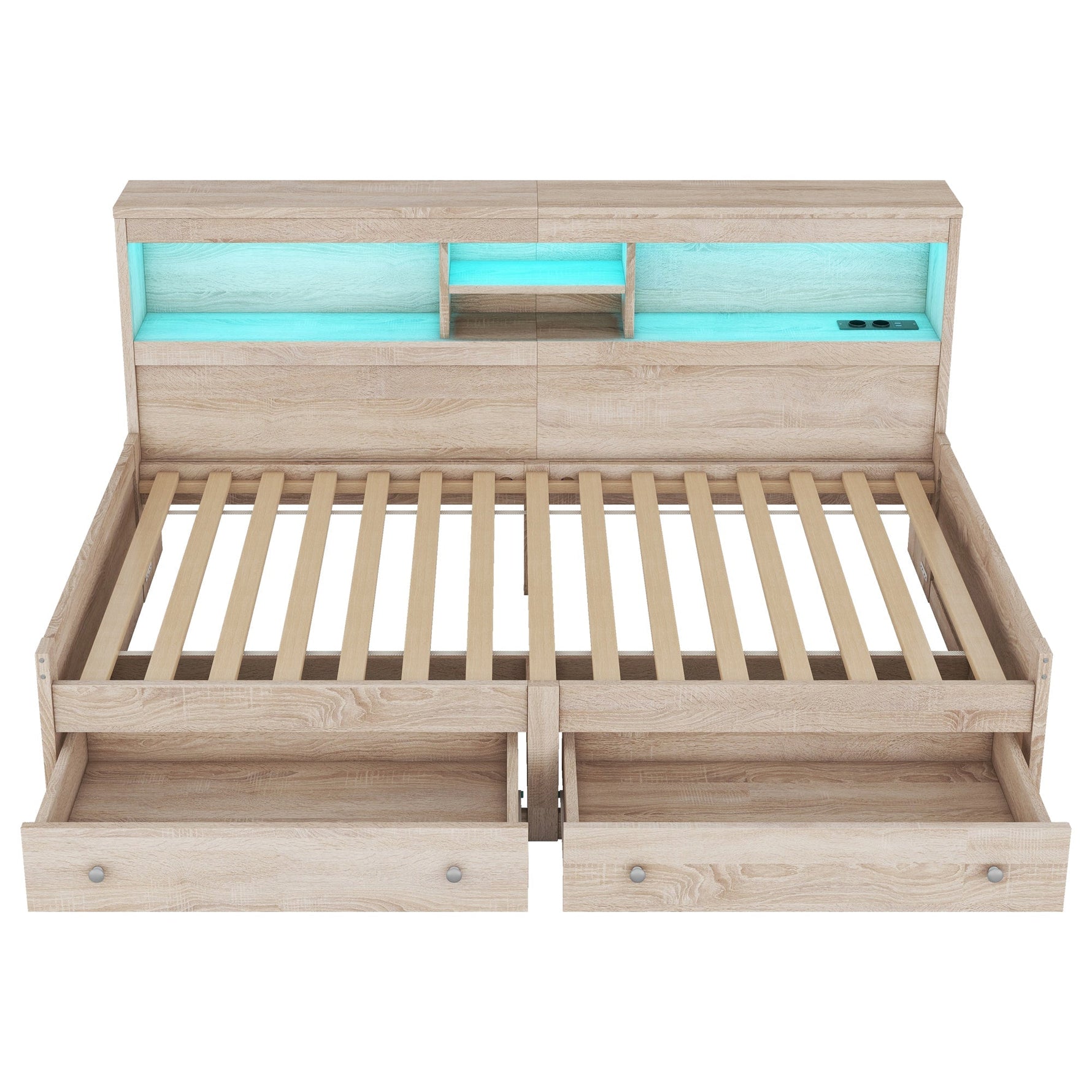 Daybed Sofa Bed 90x200cm Nightstand USB Charging Ambient Lighting 2 Drawers Chipboard Natural