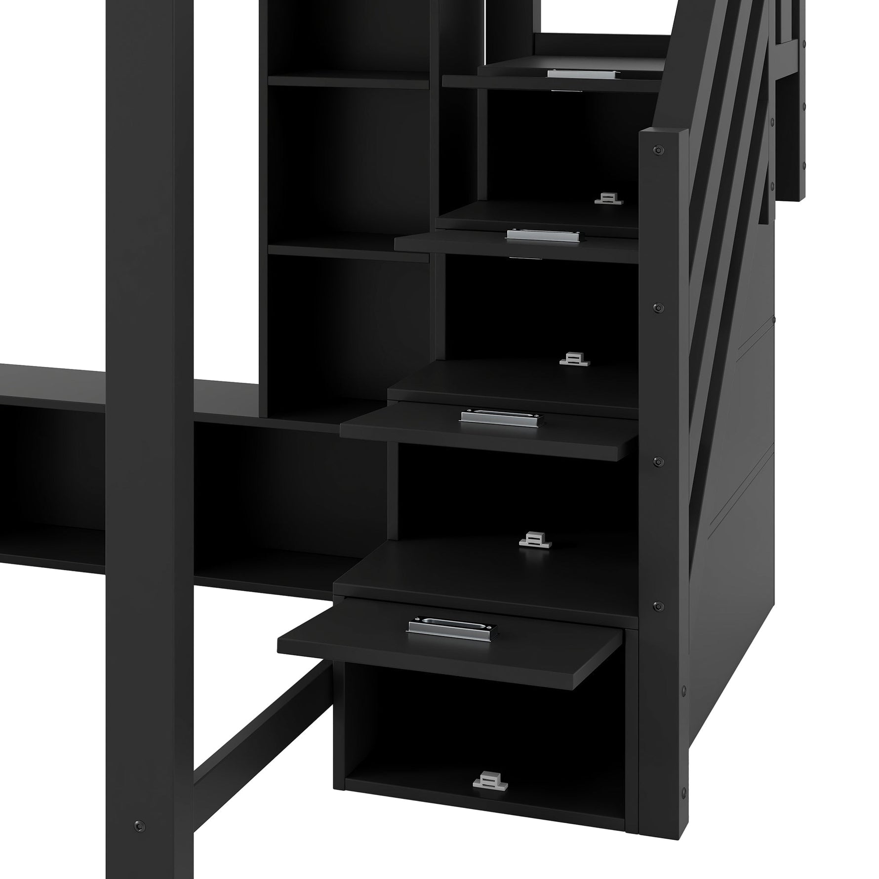 Loft Bed with Desk, Storage Stairs and LED Lighting, 140x200cm, Black Wood