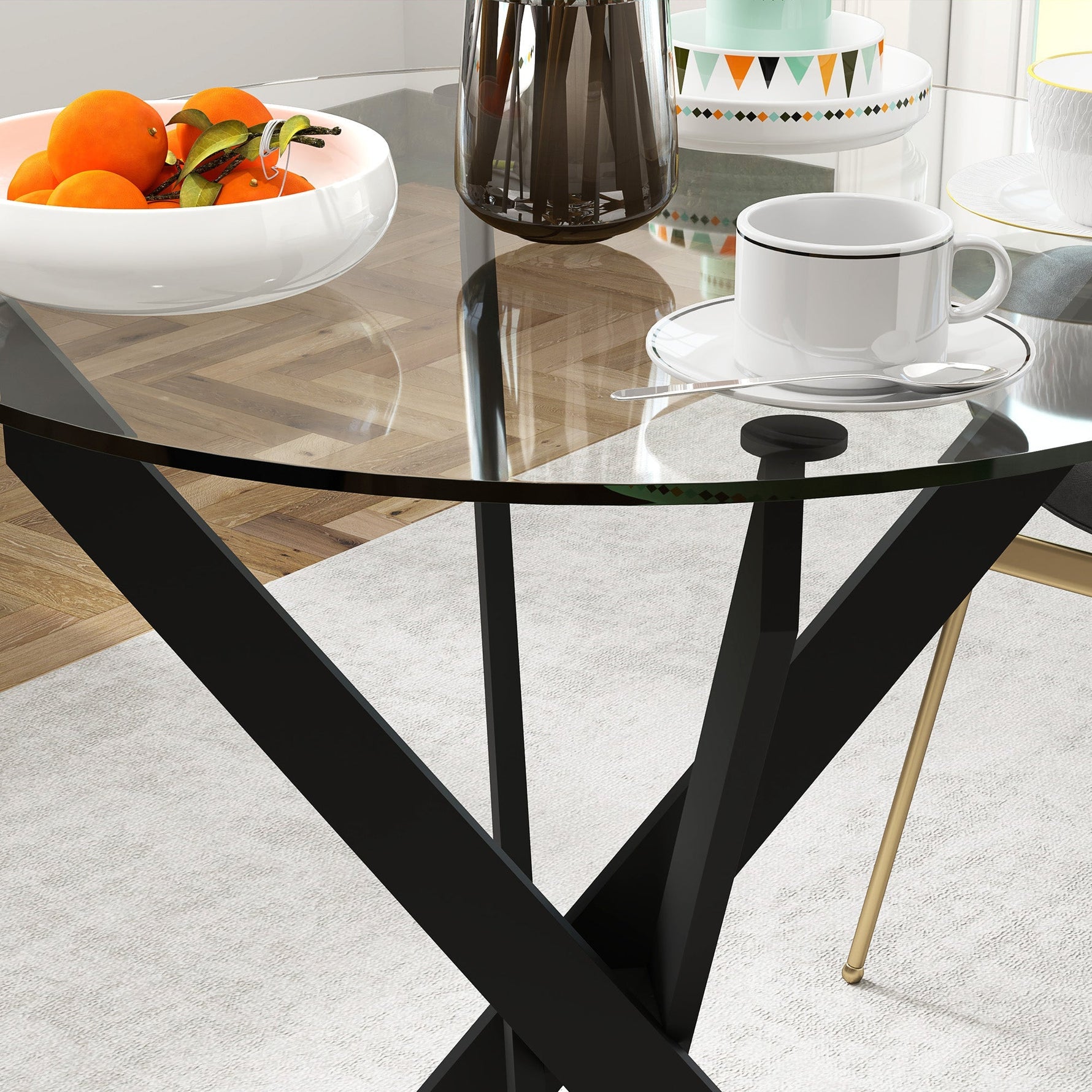 Dining Table, Round for 4 People, Steel Legs, Tempered Glass, Black + Transparent