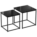 Side Table Set of 2, Coffee Table with Glass Top, Square, Black Steel