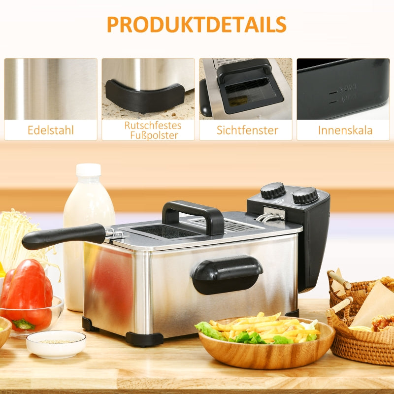 Deep Fryer 3L, Adjustable Thermostat, Stainless Steel Silver