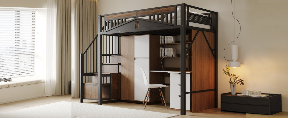 Metal Loft Bed, 90 x 200 cm, Safety Enclosure with Window & Ladder, Black