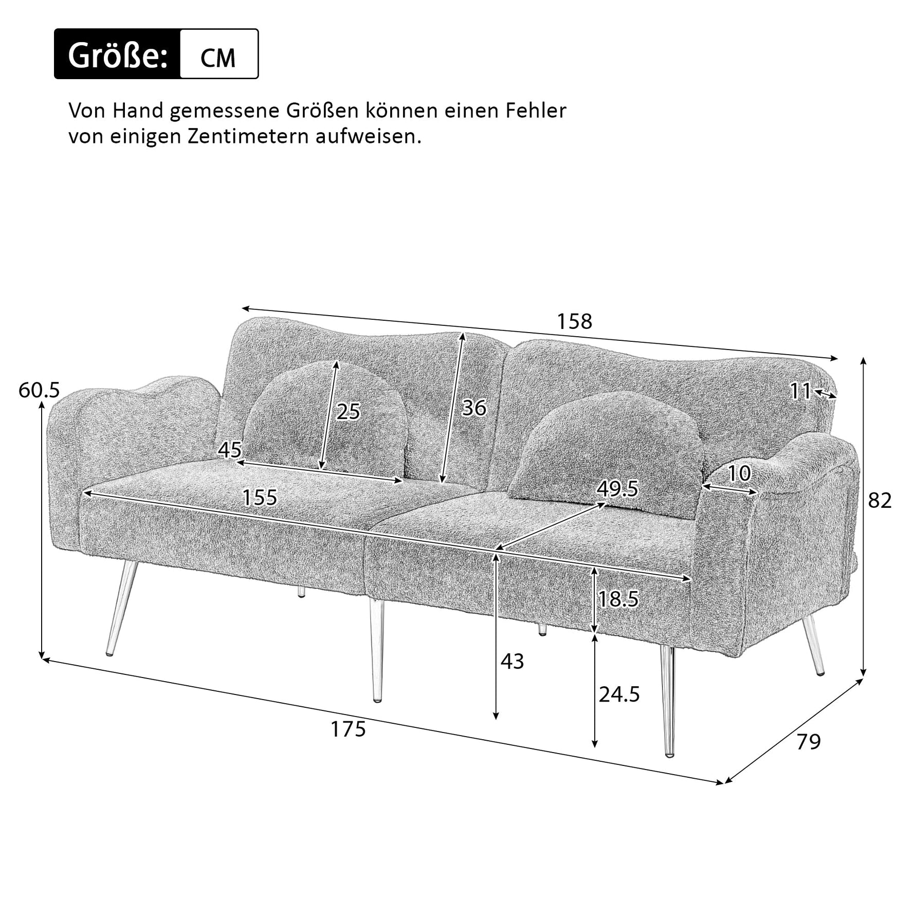 Two-Seater Sofa Bed Adjustable Backrest Gold Metal Feet