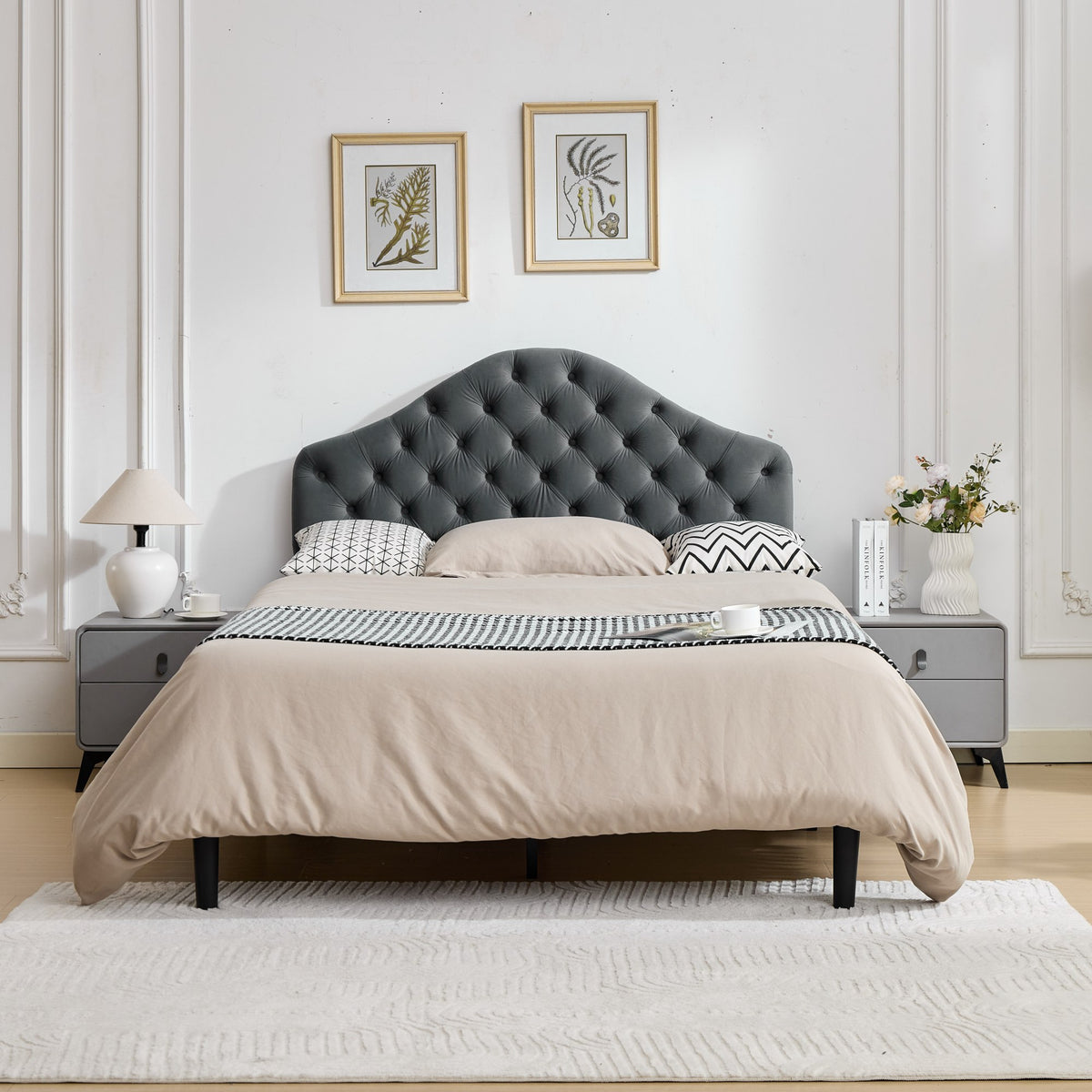 Full Upholstered Platform Bed Frame, 140x200cm, Velvet Gray