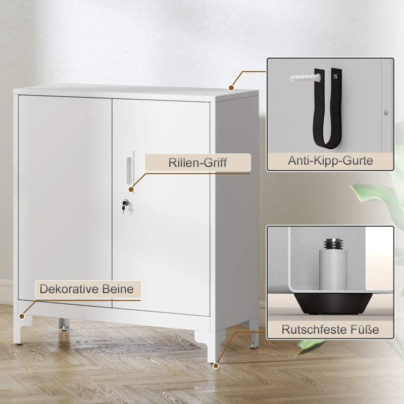 Metal Office Cabinet, Lockable Doors 2-Tier, White