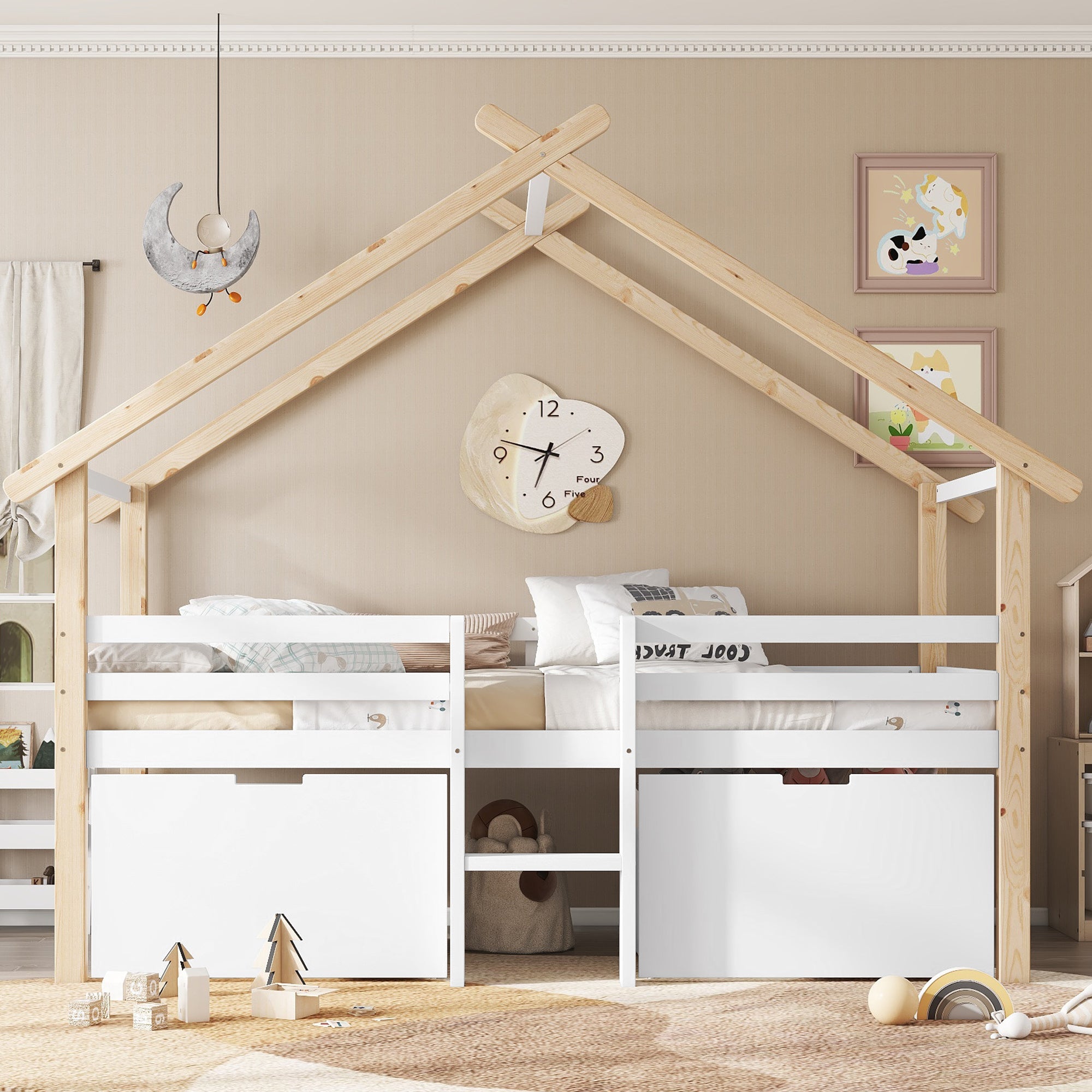 Children's Mid-Sleeper House Bed with Stairs, Storage Lockers, 90x200cm, Pine+MDF White/Natural