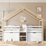 Children's Mid-Sleeper House Bed with Stairs, Storage Lockers, 90x200cm, Pine+MDF White/Natural