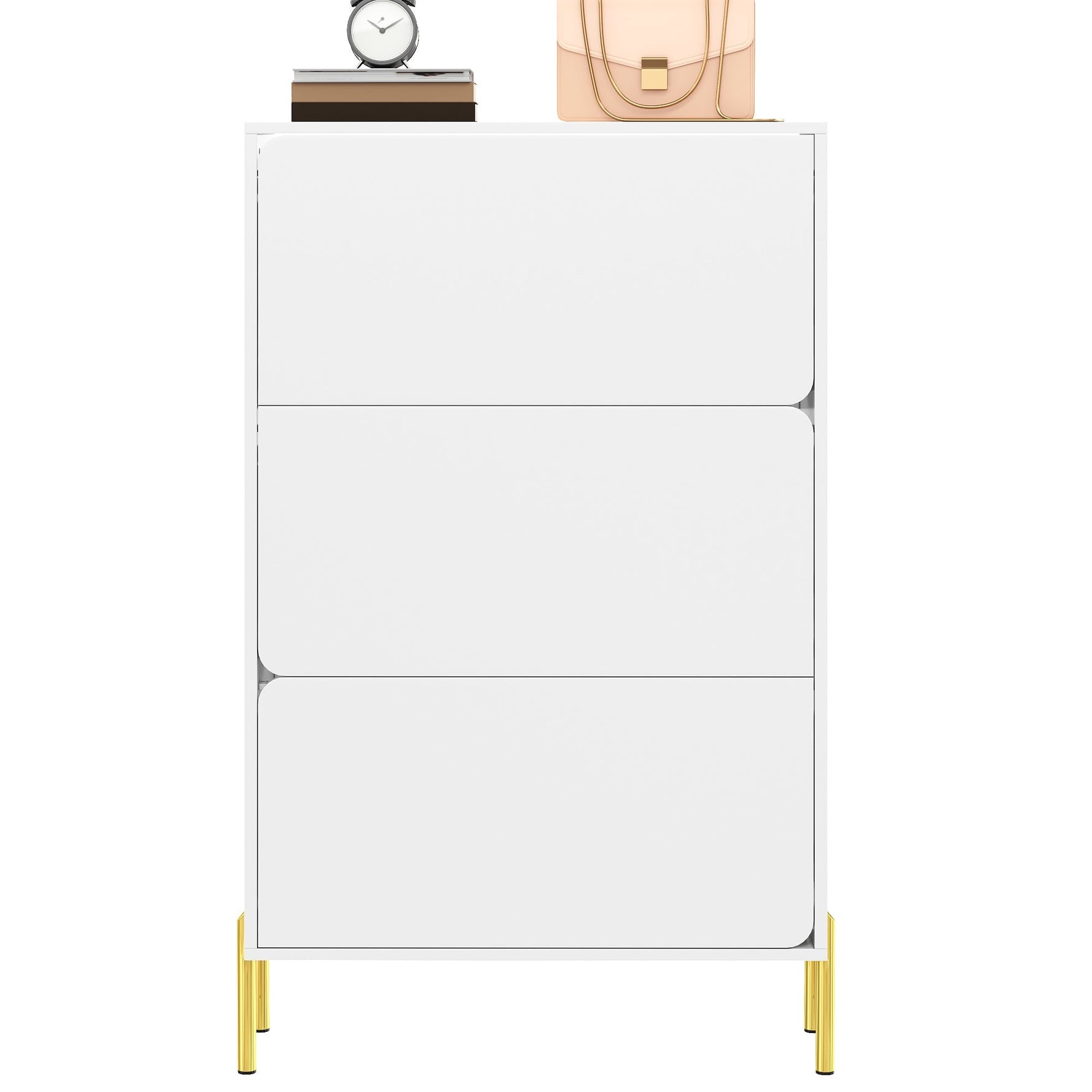 Modern Minimalist Shoe Cabinet with 3 Doors and Large Capacity, White and Gold