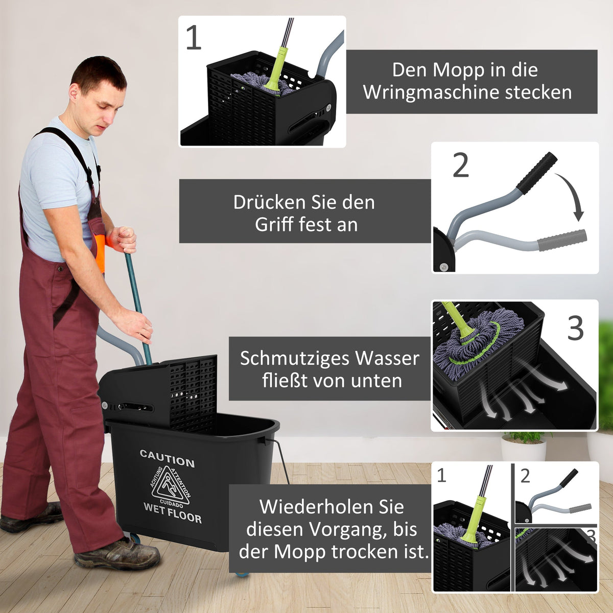 Cleaning Cart, 20 Liter Mop Bucket with Press, 2 Chambers, Black